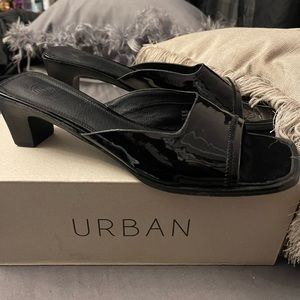 Black patent leather mules